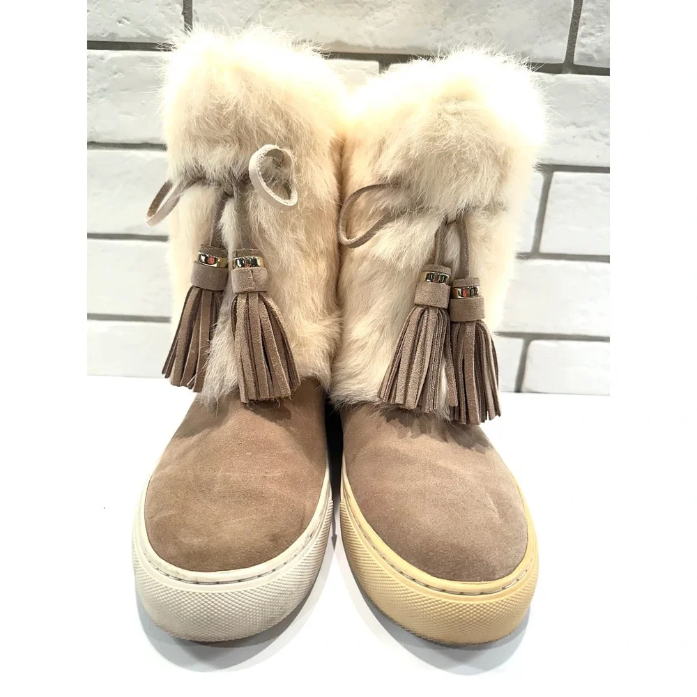 Tory Burch Tan Suede Fur Trimmed Tassel Boots Women's Size 6M‎